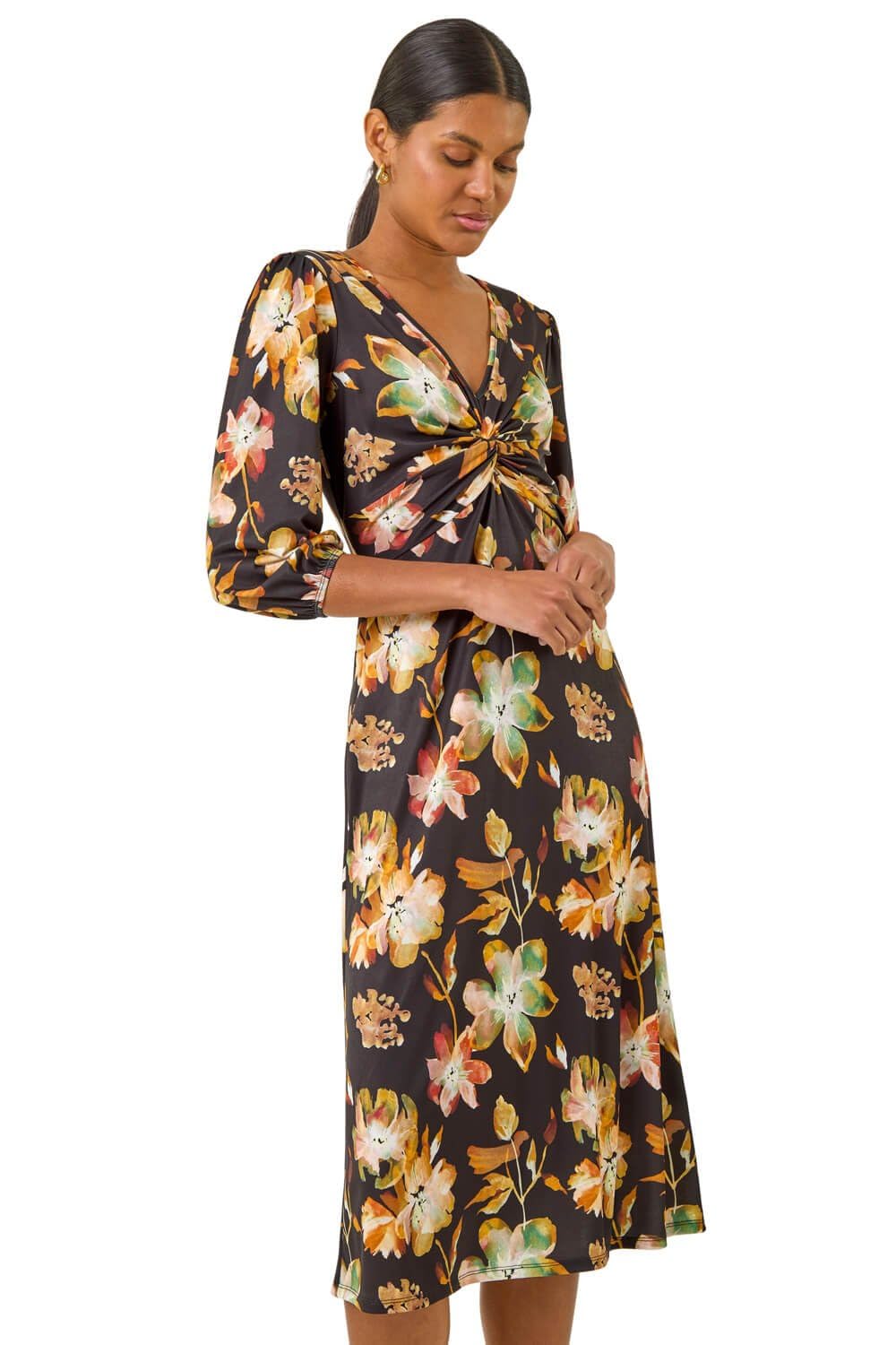 Roman Fit and Flare Dress for Women Ladies Chest Twist Knot Ruched Tea Skater Empire Waist Wedding Guest Smart Casual Swing Midi 3/4 Long Sleeve Knee Length - Amber - Size 18