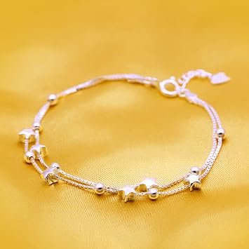 Bracelet Braceletsilver Bracelet for Women, S925 Silver Friendship Bracelets Minimalist Star Double Layer Box Chain Adjustable Bracelet Fashion Jewelry Gift for Women Gir