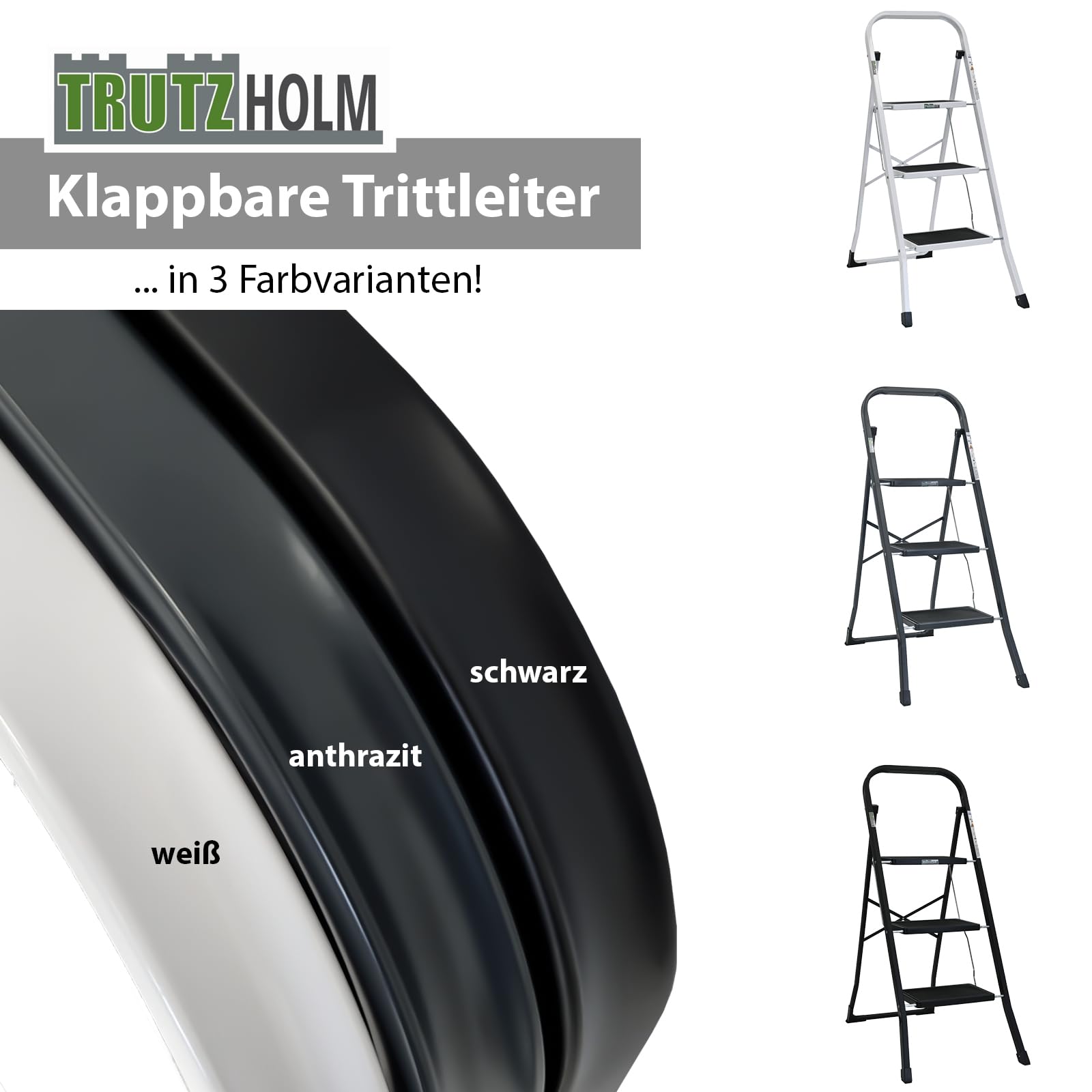 TRUTZHOLM Trittleiter 2 oder 3 Stufen klappbar TÜV/GS Zertifiziert 150 kg Klappleiter Anti-Rutsch Trittflächen & Sicherheitsverriegelung Klapptritt Haushaltstritt Stahl Leiter (Schwarz, 3 Stufen)