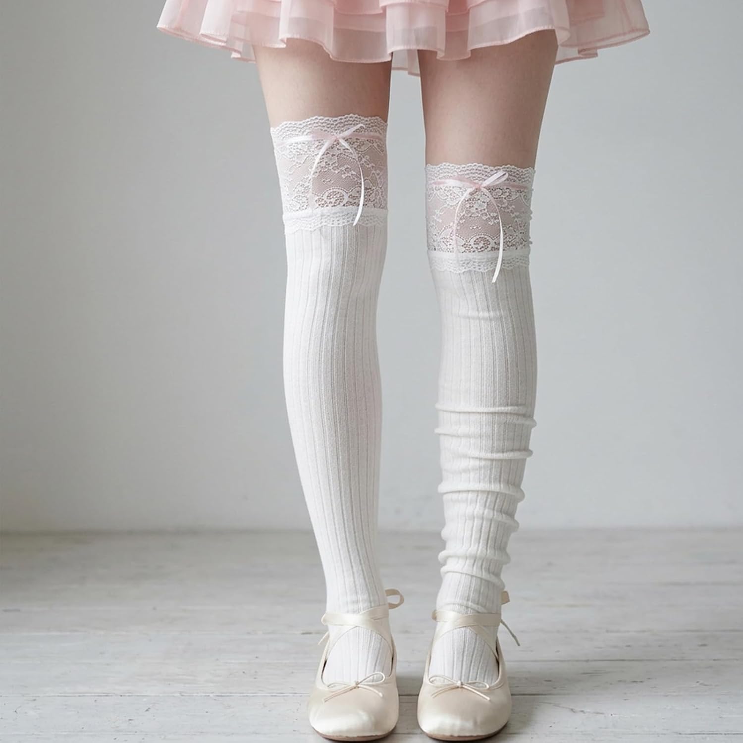 Lace Knee High Socks White Knee High Socks Cute Lace Boot Socks Lolita Stockings Kawaii Lace Top Thin Socks for Girl Women Fashion Calf Socks for Casual Outdoor Sport