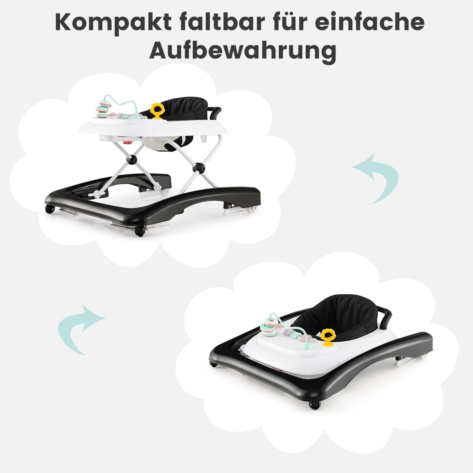 COSTWAY 3 in 1 Lauflernhilfe klappbar, Lauflernwagen mit verstellbarer Höhen & Geschwindigkeit, Baby Walker mit abnehmbarer Spielplatte, Laufwagen gehfrei Baby ab 6 Monaten (Schwarz)