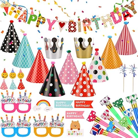 GORVELL 11pcs Party Hats with Happy Birthday Banners,10pcs Party Blowers,3pcs Paper Party Glasses,10pcs Cake Toppers,Boys Girls Kids Adults Party Decoration Cover