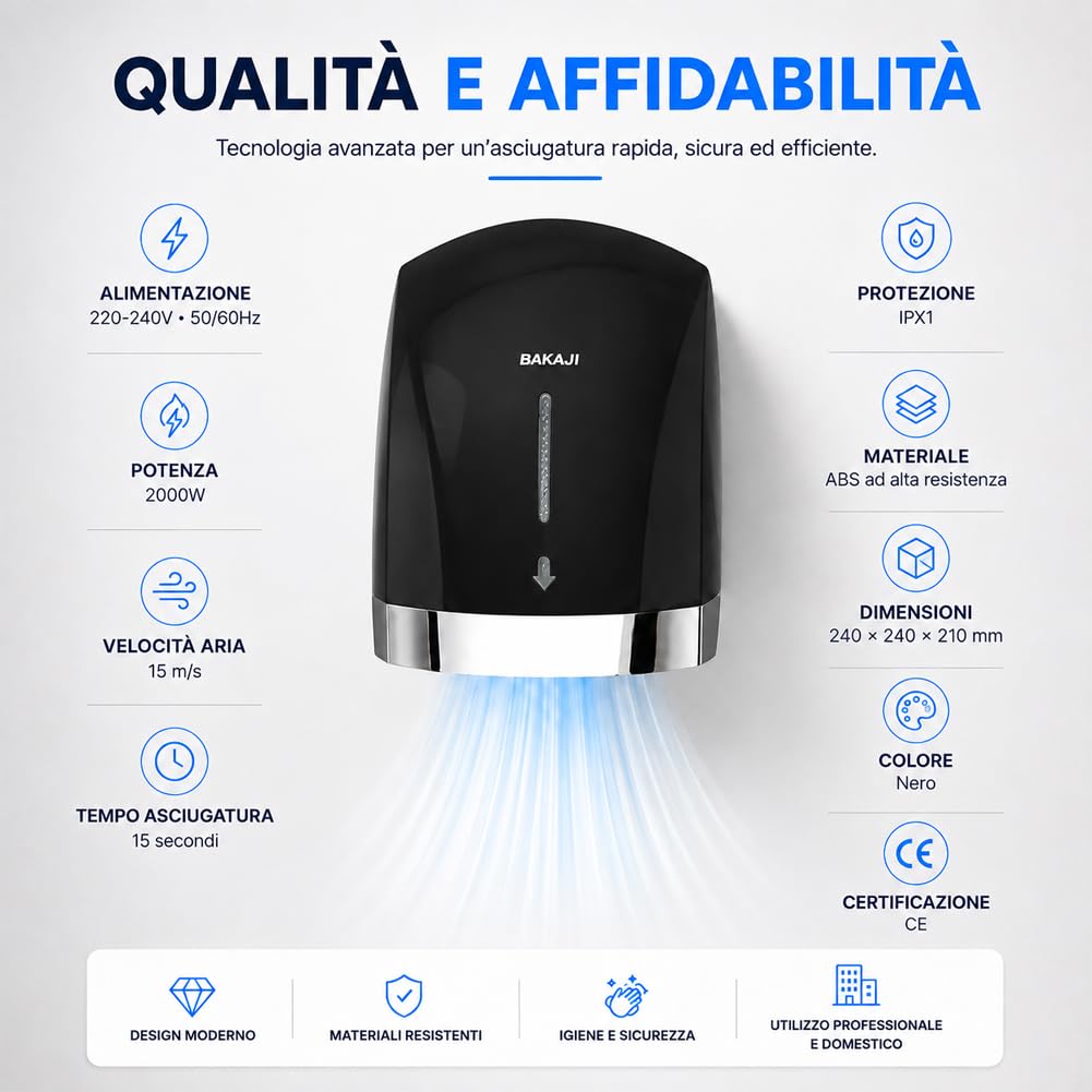 BAKAJI Secador de manos automático eléctrico de pared para hoteles, baños públicos, restaurantes, secador de manos de aire caliente de pared con sensor fotocélula, potencia 2000 W, secado de alta