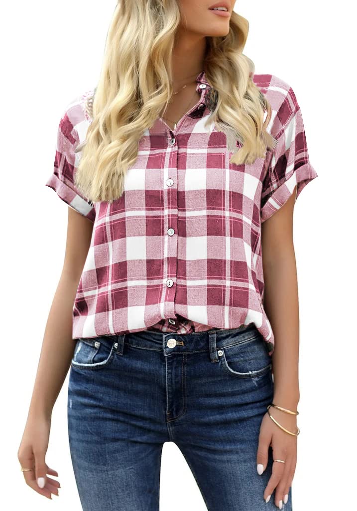 Women's Plaid Short Sleeve Button Down Shirt Casual Summer Blouses Tops