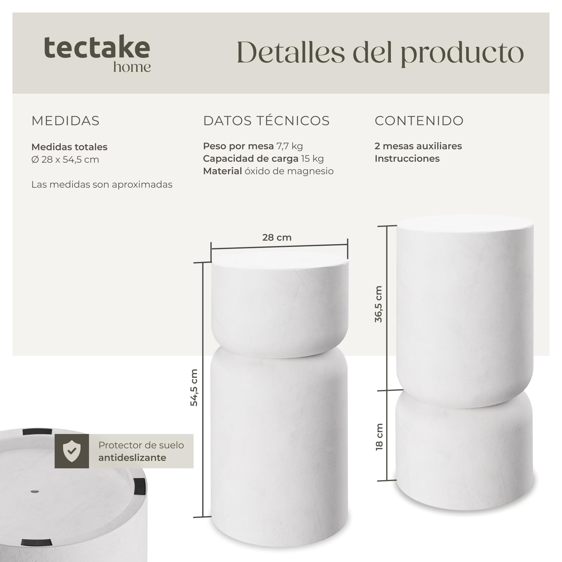 tectake® Mesas Auxiliares Modernas, Diseño Robusto Curvilíneo, Mesa Redonda Comedor, Resistente a la Intemperie, Salon, Protectores Antideslizantes, Mesa de Sofa - Blanco