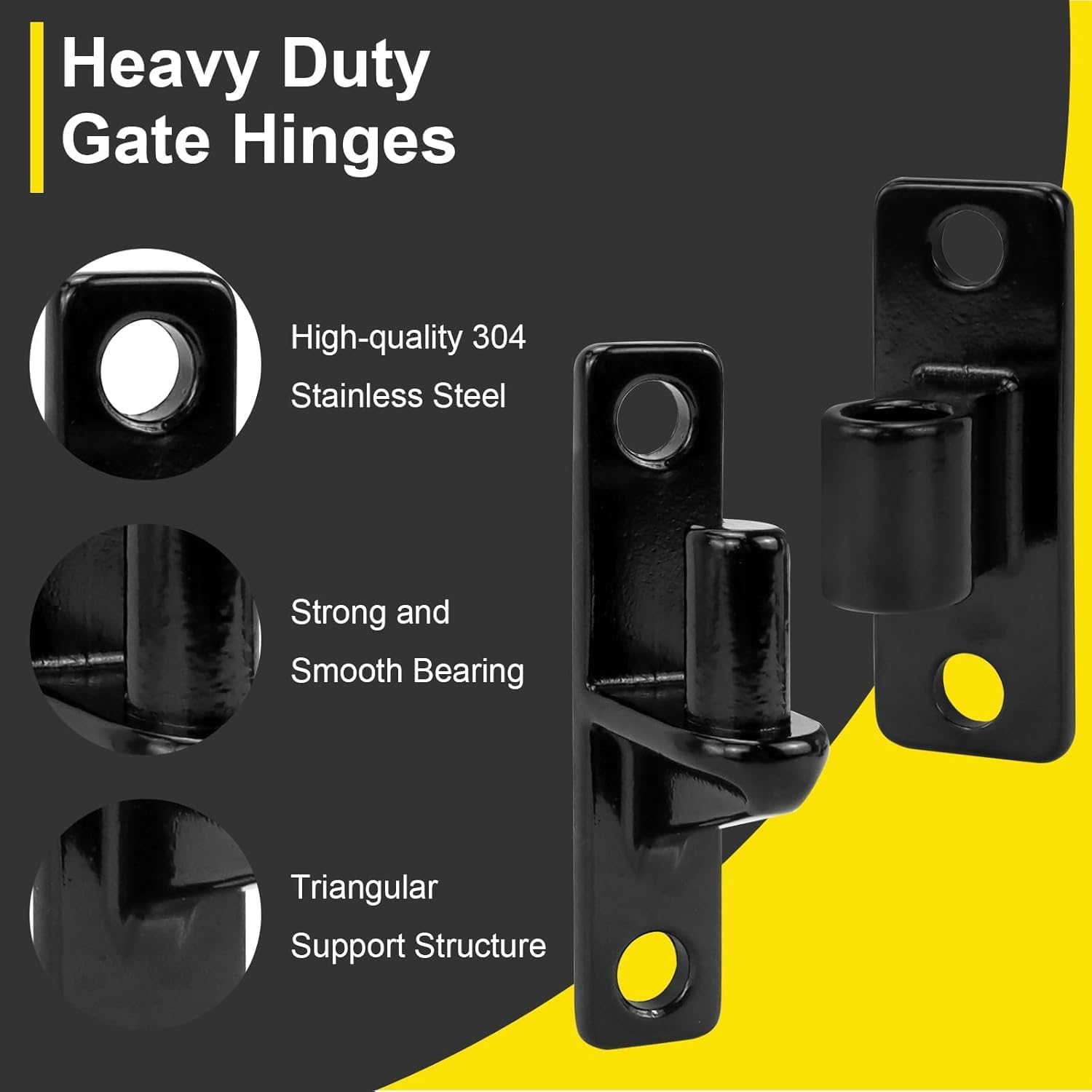 2 Pairs Heavy Duty Gate Hinges, 304 Stainless Steel Wall Mount Gate Hinge with Screws and Bolts for Wooden Fence, Shed, Barn Door, Garden Gate, Outdoor & Indoor (Black)