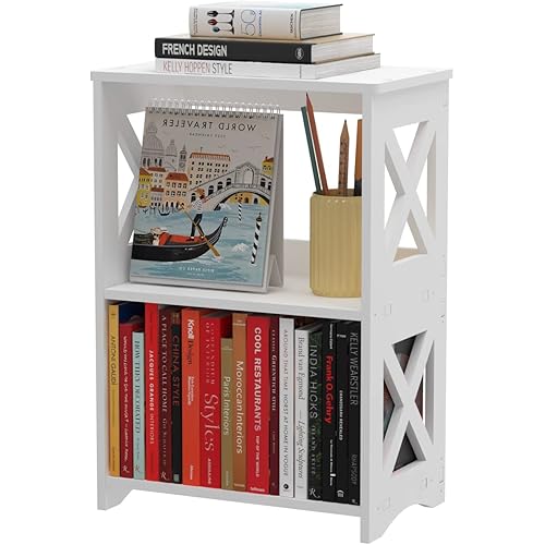 Side Table, Narrow End Table with Storage Shelf, Minimalist Bedside Tables Nightstand, Small Bookshelf Bookcase, Bathroom Shelves, Display Rack for Bedroom, Living Room, Office, White.