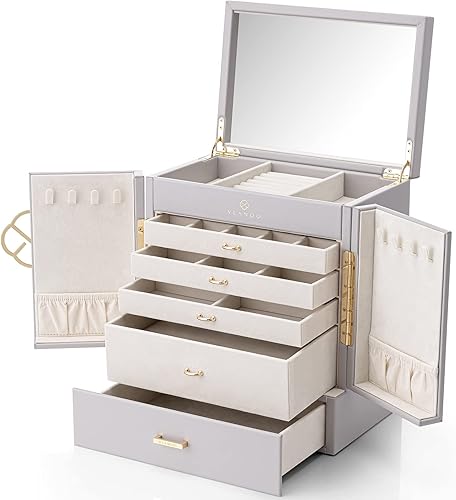 Vlando Caja organizadora de joyas grande, caja de almacenamiento de joyas de 5 capas con espejo y 4 cajones para aretes, collares, anillos y
