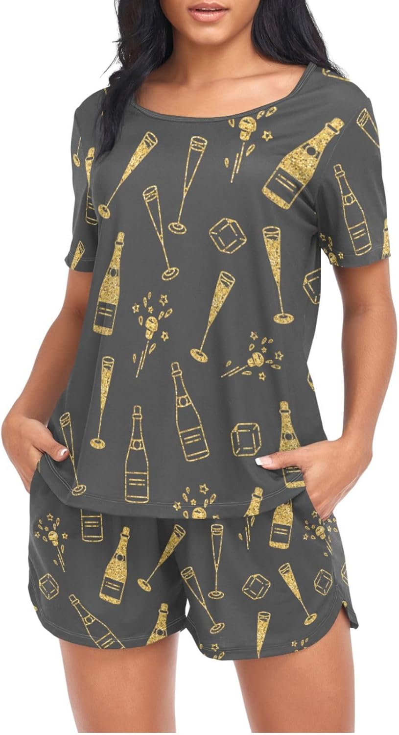 Women's Pajama Set Short Sleeve Sleepwear Soft 2 Piece Champagne Bottles Pjs Lounge Sets with Pockets - Image 4