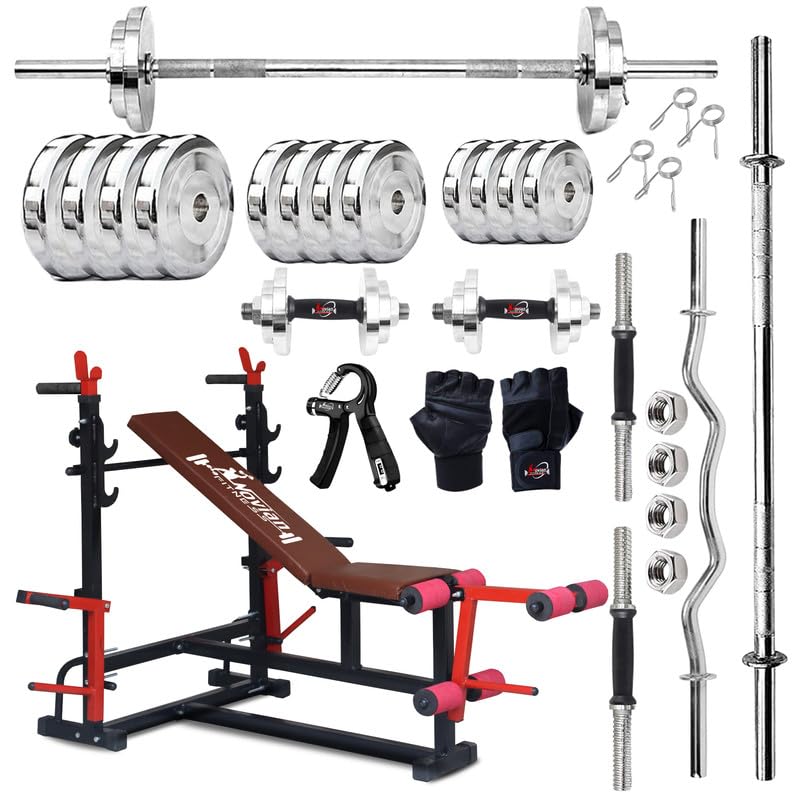TITAN-X 8-in-1 Multifunction Home Gym Bench Set with 90KG Steel Weight Plates, 5FT Straight Barbell Rod, 3FT EZ Curl Rod, Dumbbell Rods, Skipping Rope, Hand Gripper & Gloves-image-47