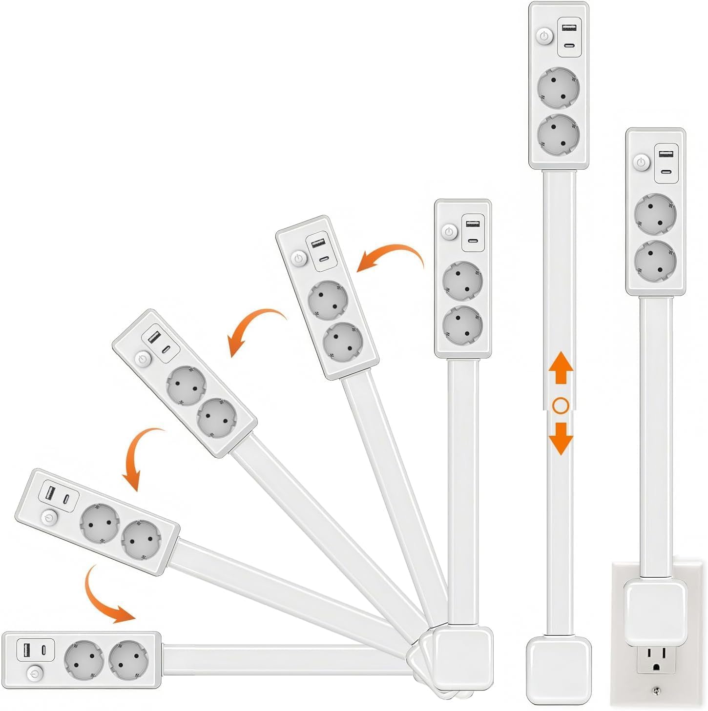 Ciabatta elettrica estensibile girevole con 2 prese UE e porte USB, 48-71 cm per spazi ristretti e dietro mobili