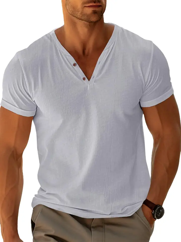 Runcati Mens Casual T Shirts Short Sleeve V Neck Linen Henley Shirt Button Basic Fashion Summer Beach Tee Tops