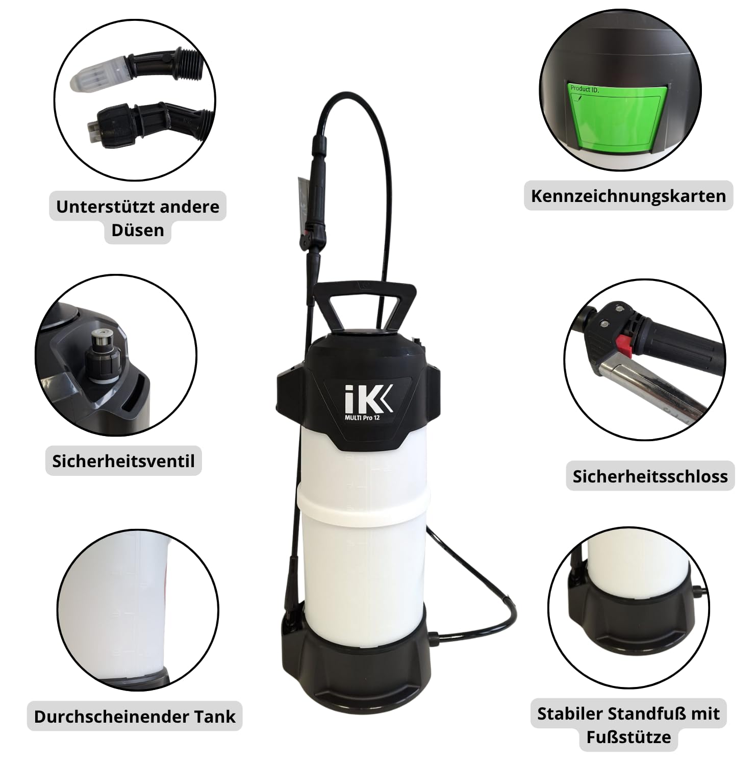 IK Multi Pro 12 Sprühgerät für Säuren 10 l - Besonders robust | Für aggressive Chemikalien - Detailing, Reinigung und Desinfektion - Edelstahlgriff, 1,5 m Schlauch, 47 cm Lanze