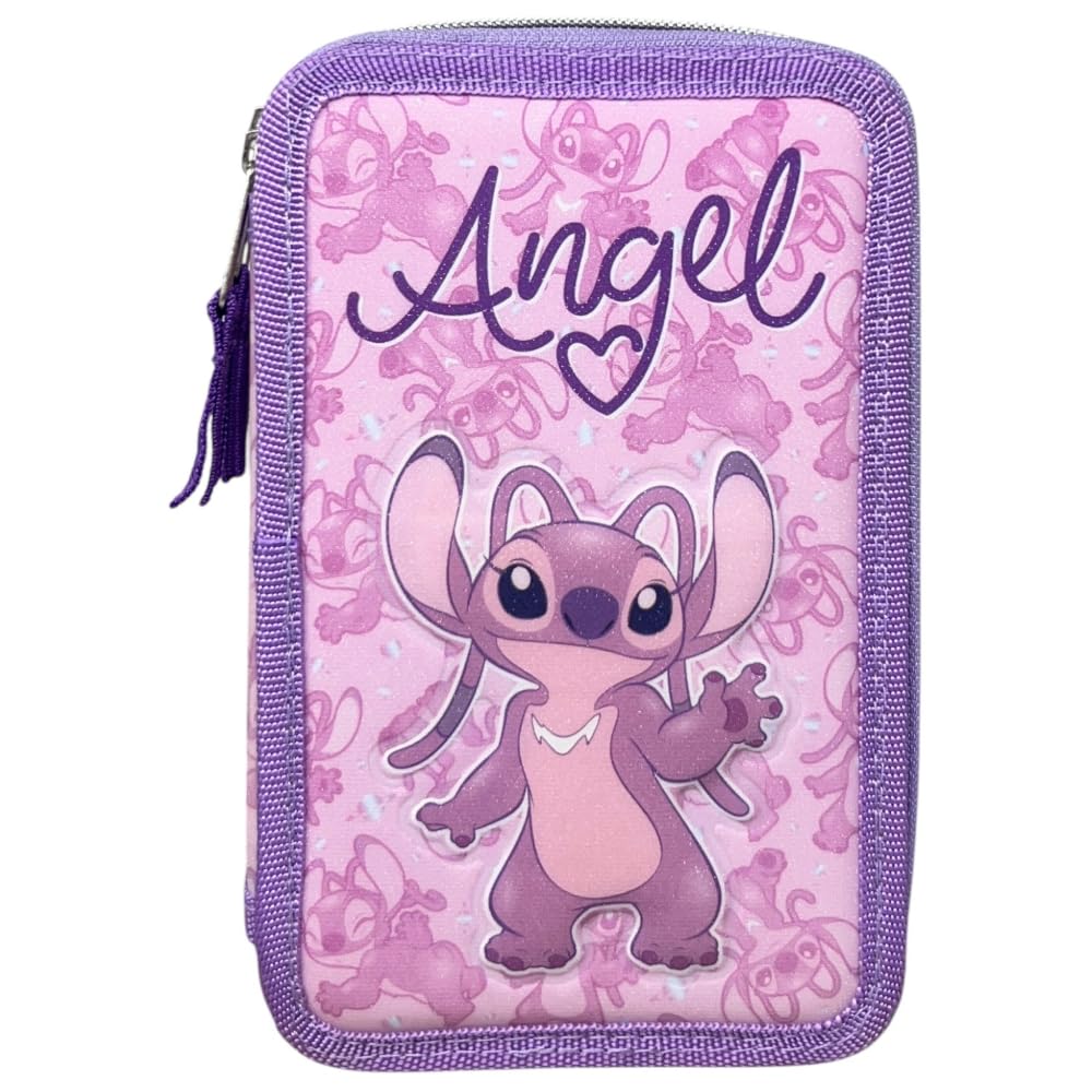 CARTOON Astuccio 3 zip Angel Disney Stitch per la scuola completo 44 pezzi di cancelleria penna Papermate pennarelli giotto accessorio per bambine e ragazze