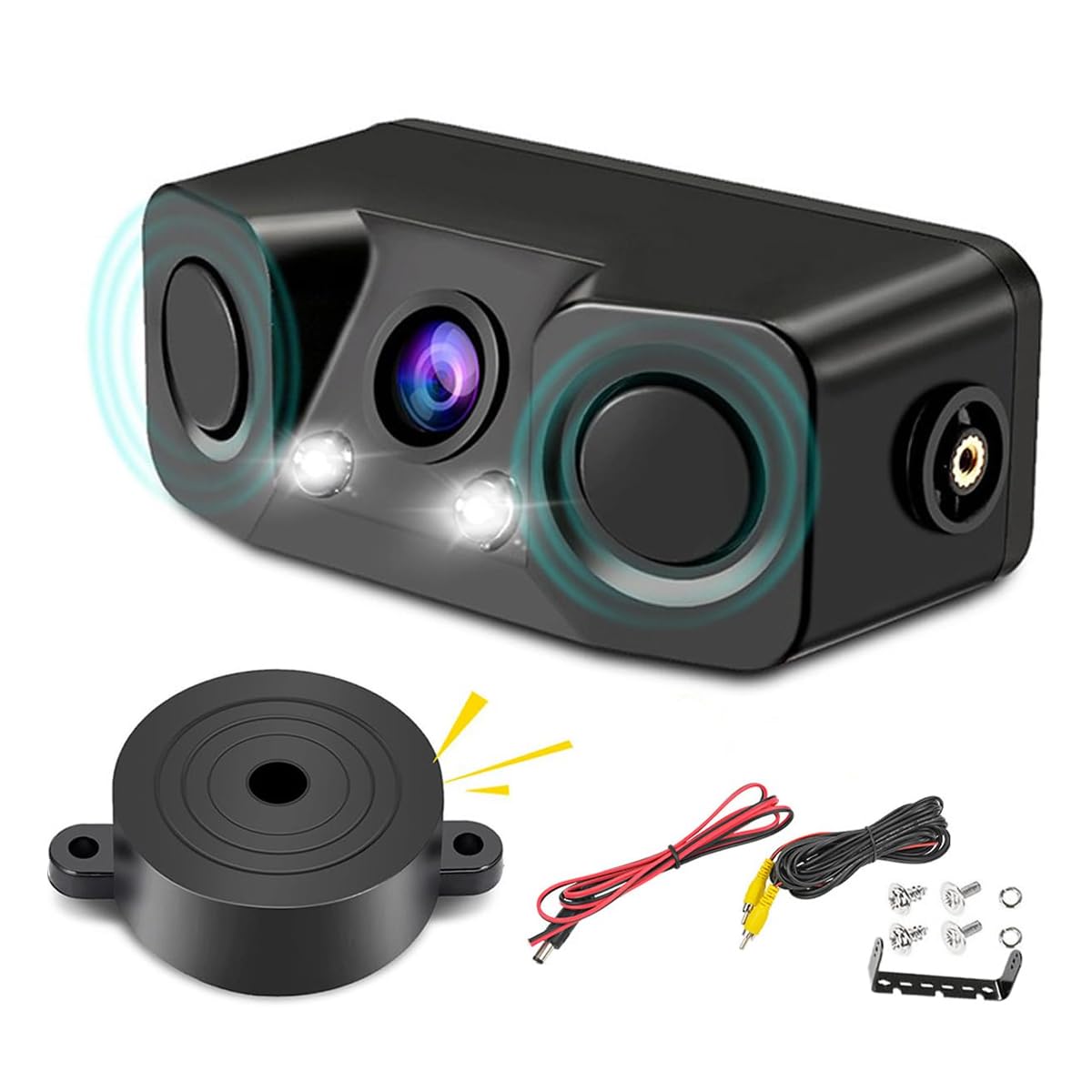 Riven Cámara de marcha atrás 3 en 1 para coche con 2 sensores de aparcamiento de radar y alarma de sonido BiBi, impermeable, ángulo de visión de 170 , visión nocturna, sistema de asistencia de