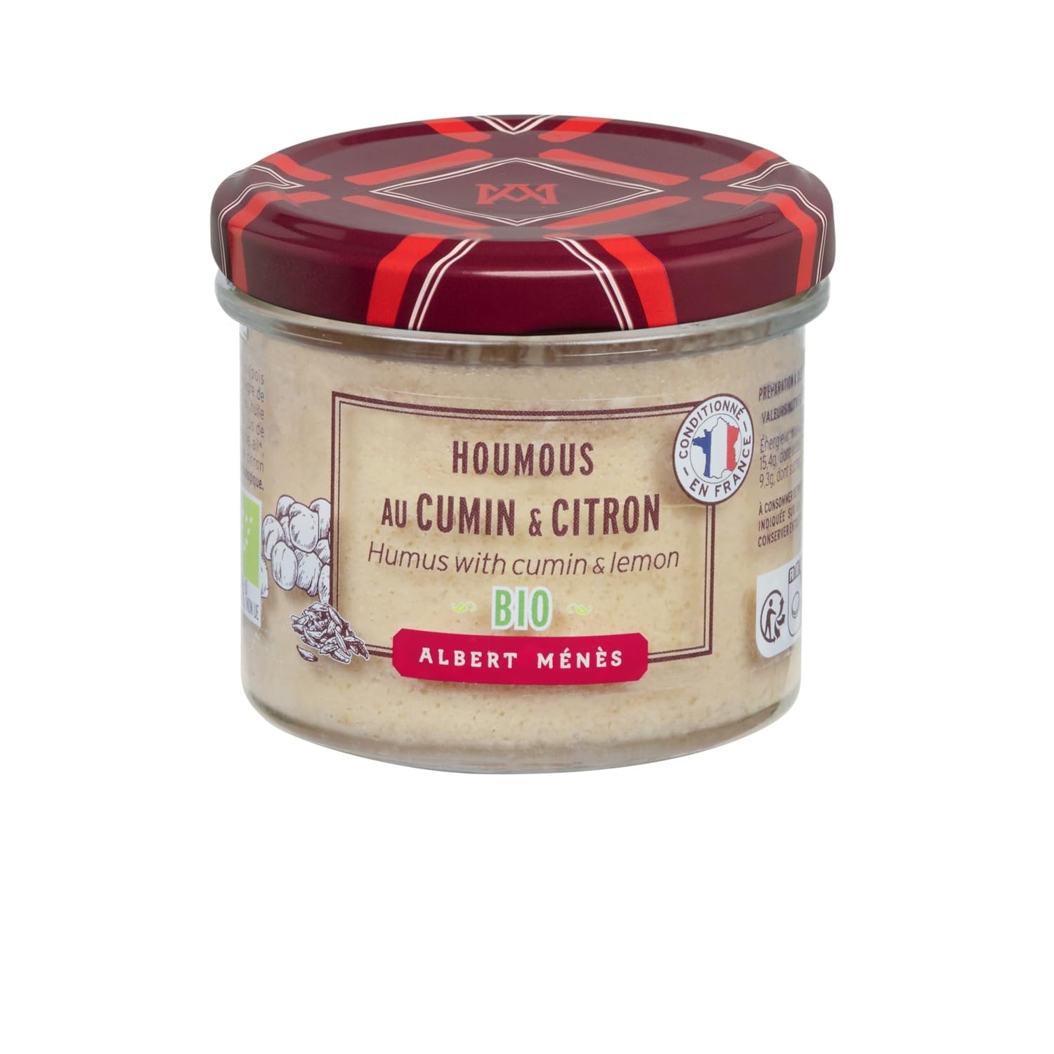 ALBERT MENES Houmous Bio au Cumin et Citron - Pot en Verre de 100 g - Recette Méditerranéenne à l'Ail et au Sésame - Conditionné en France - Lot de 6