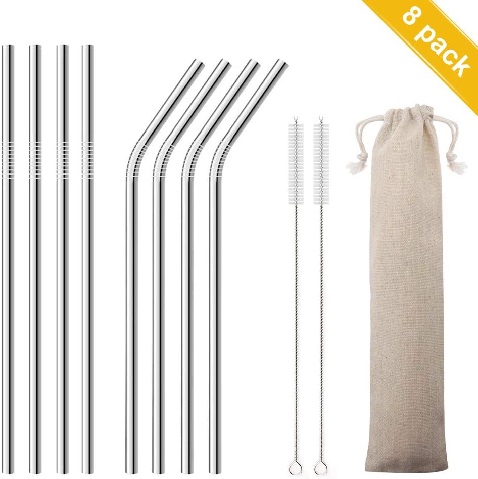 Stainless Steel Straw, Multi Color Reusable Metal Drinking Straws 8.5 inch with Cleaning Brush,for Tumblers Cold Beverage (8 Pack) (Silver)