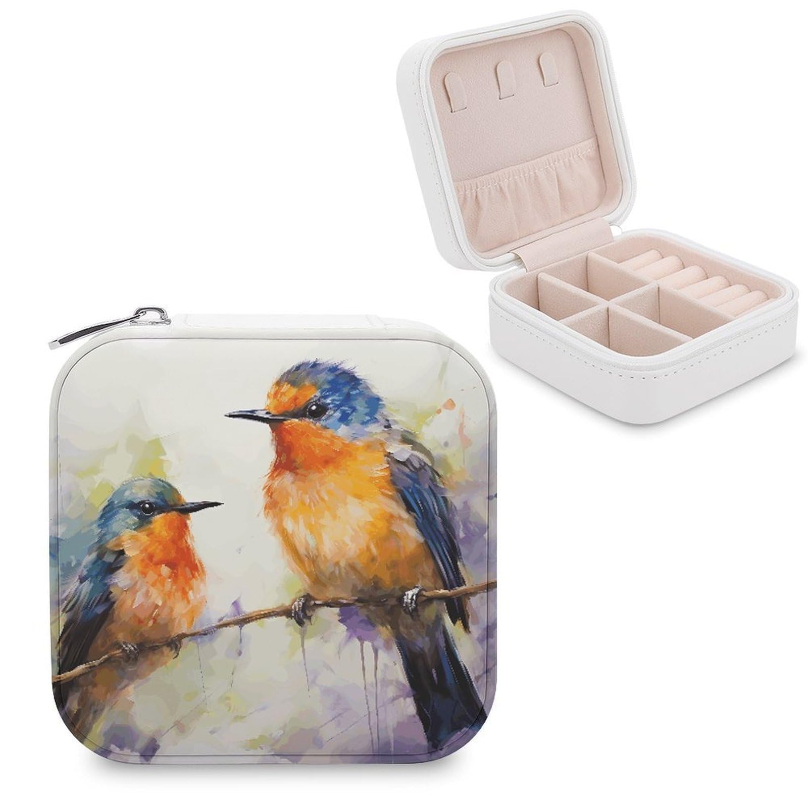 JTREHY Oil Painting Bird Jewelry Box Personalized PU Jewelry Box Exquisite Jewelrys Organizer Case Small Portable Jewellery Storage Holder for Rings Earrings Necklaces Gifts