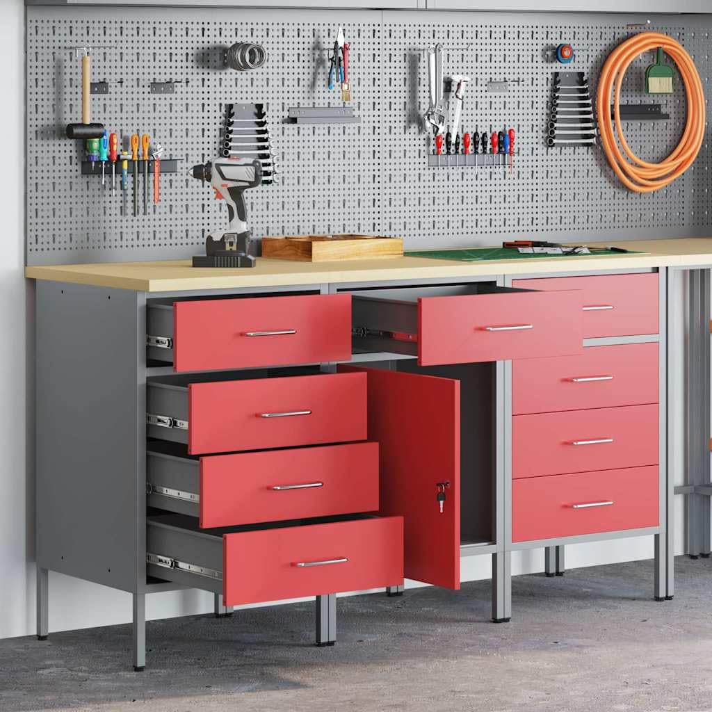 BANCO DA LAVORO CON CASSETTI 3 PEZZI ROSSO E GRIGIO 150x55x85 cm Armadio da officina in legno e acciaio resistente con ripiani e scomparti per attrezzi