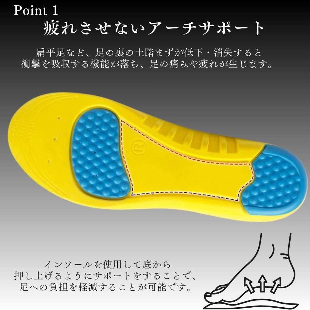 インソール 疲れない 衝撃吸収 ゲル 中敷き 扁平足 アーチサポート o脚矯正インソール 22cm~27.5cm (ブラック×ブルー, Mサイズ（24cm 〜 25.5cm）) - 4