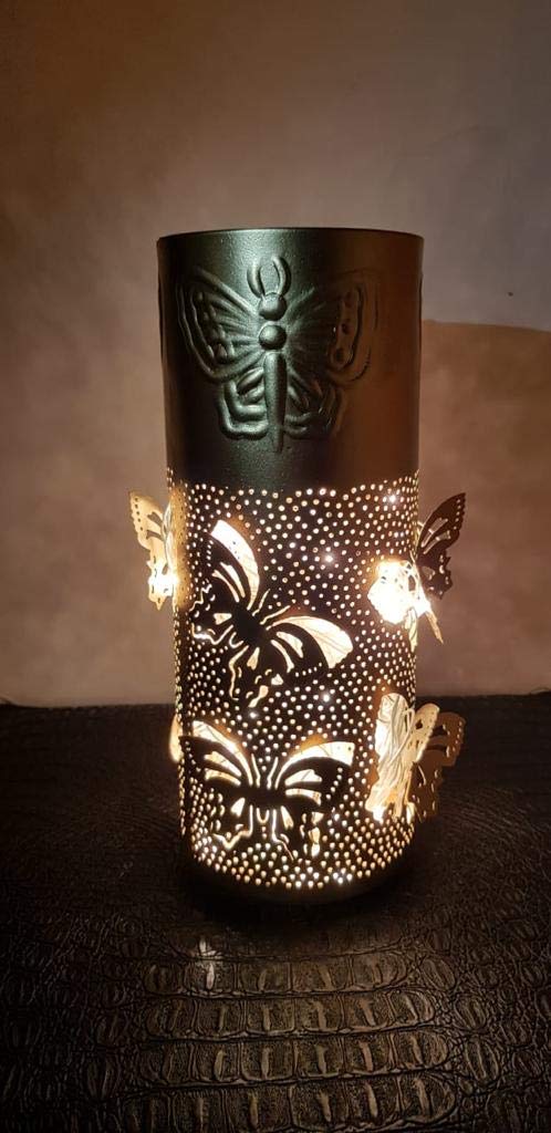 Sphinx handcrafted metallic golden engraved butterflies cylindrical shape decorative lantern