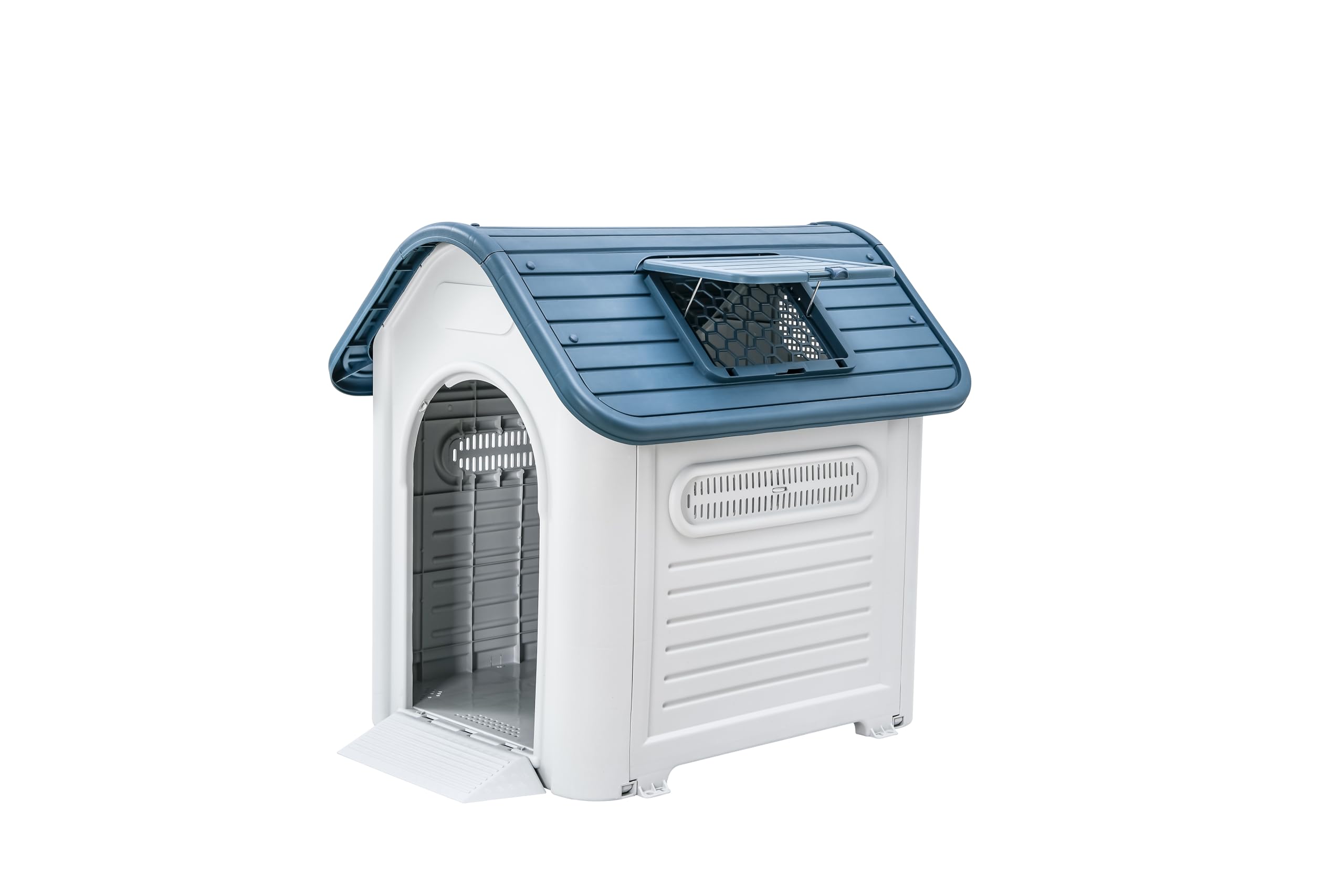 Lanco - Caseta para Perros Extra-Grandes con Techo Solar Ajustable. Uso Interior y Exterior con respiraderos. Material Resistente. 126x97x113cm. Azul y Blanco.