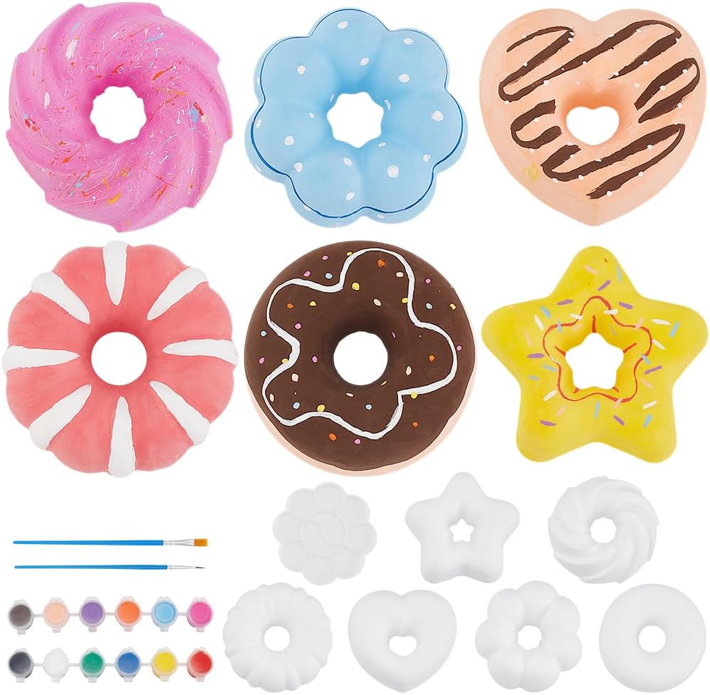 WEBEEDY 6 Styles Ceramic Donut Paint Kit Unpainted White Doughnut Ceramic Donut for Adults Beginners Paintable Dessert Decoration DIY Arts and Crafts Kit for Classroom Craft Project Fun Home Acticity