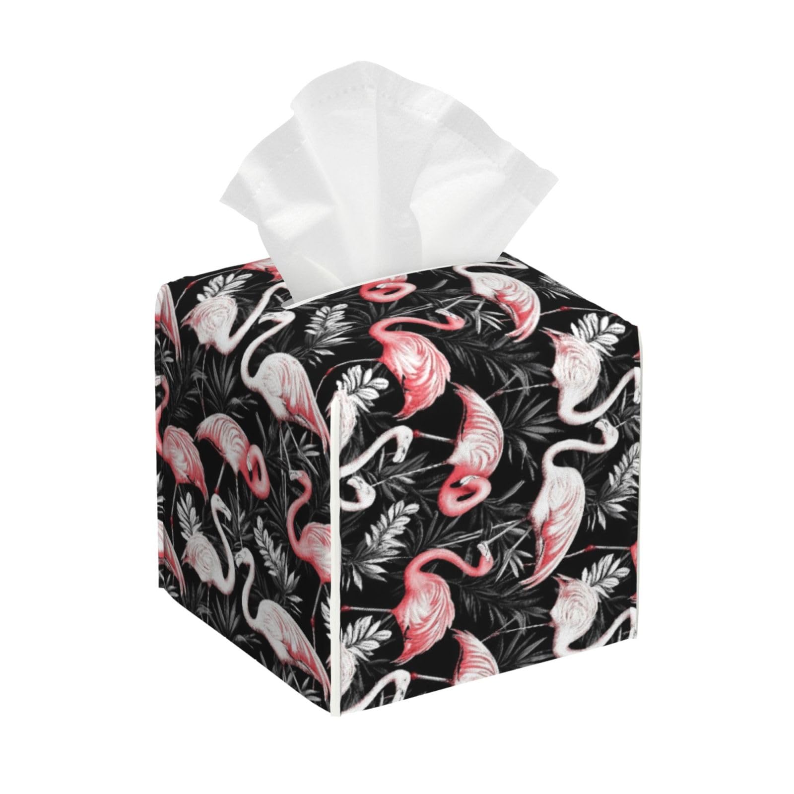 Tropical Pink Flamingo Print Tissue Box Cover Holder Square, Foldable Modern Cube Tissue Box Cover, Leather Decorative Organizer for Tabletop Bathroom Car Office Desk Decor
