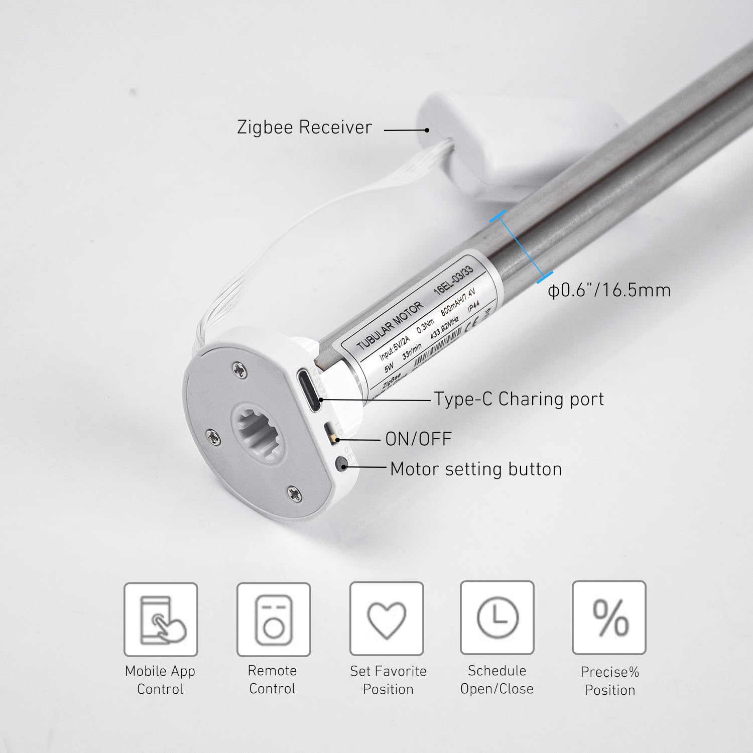 ZigBee Smart Blind Motor con batteria integrata, motore a rullo ricaricabile per tubo da 17/25/28 mm, motore tubolare 16EL con controllo app/voce/emettitore