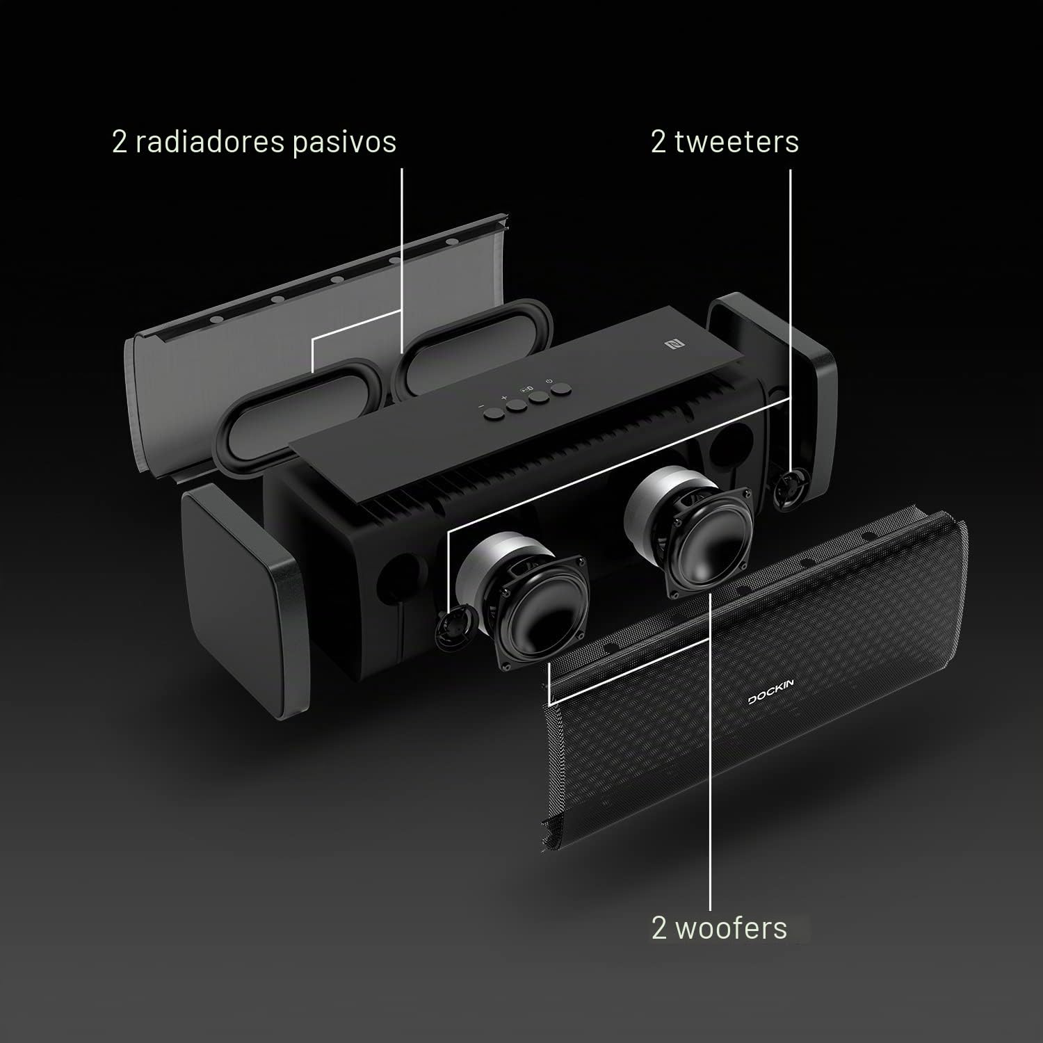 DOCKIN D Fine Altavoz Portátil Bluetooth de 50W Impermeable IP55, hasta 10 Horas de Reproducción con Sonido de Alta Fidelidad y Estereo, Powerbank, NFC, Negro, Diseñado en Alemania