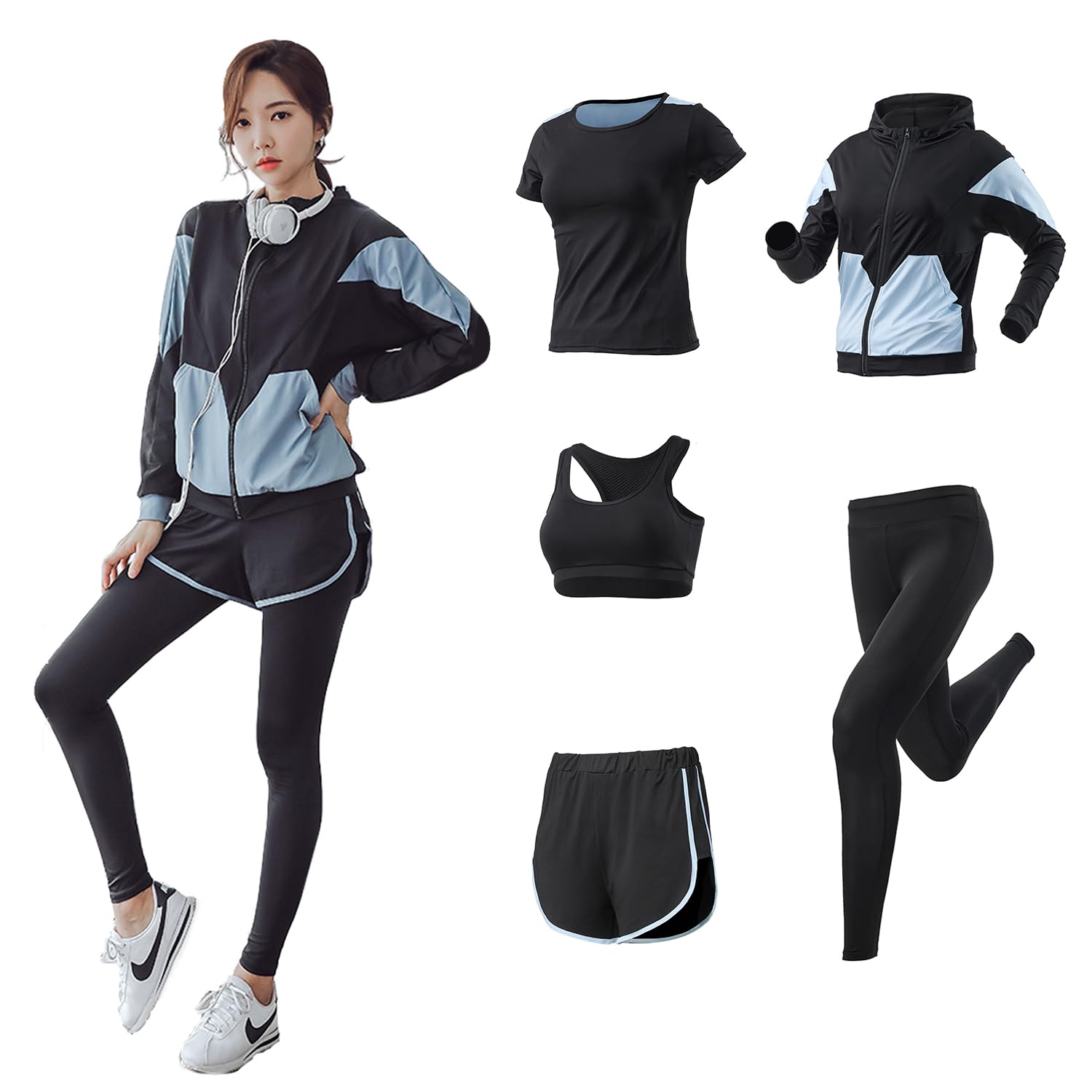 [DawnRain] スポーツウェア レディース ヨガウェア トレーニングウェア ランニングウェア 上下 5点セット 伸縮性 通気 吸汗速乾 フィットネス ジャージ スポーツブラ ロングタイツ パーカー 半袖 短パンツ 春夏秋冬