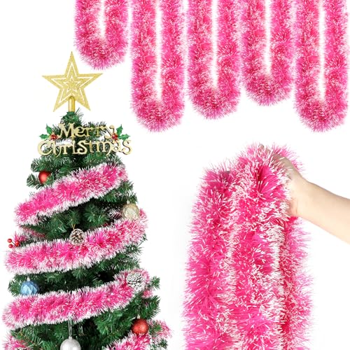 HOWAF 6pcs Guirlande Noel Sapin Rose (2M), Guirlande Sapin de Noel Rose Artificiel Décoration Noël Tinsel Métallique pour Décoration Cheminée Fenêtre...