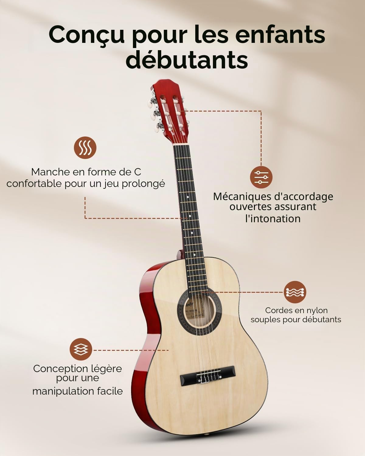 Moukey Guitare Acoustique 36 Pouces pour Débutants Enfants et Jeunes, guitare voyage Dreadnought 3/4 avec housse, accordeur, médiators, cordes nylon, capodastre et sangle