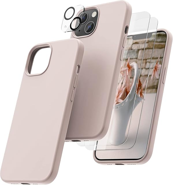OIIAEE [5-in-1 for iPhone 13 Case 6.1",Liquid Silicone case with 2 Pack Screen Protector & 2 Pack Camera Protector, Ultra Slim Shockproof Soft Anti-Scratch Microfiber LiningChalk Pink