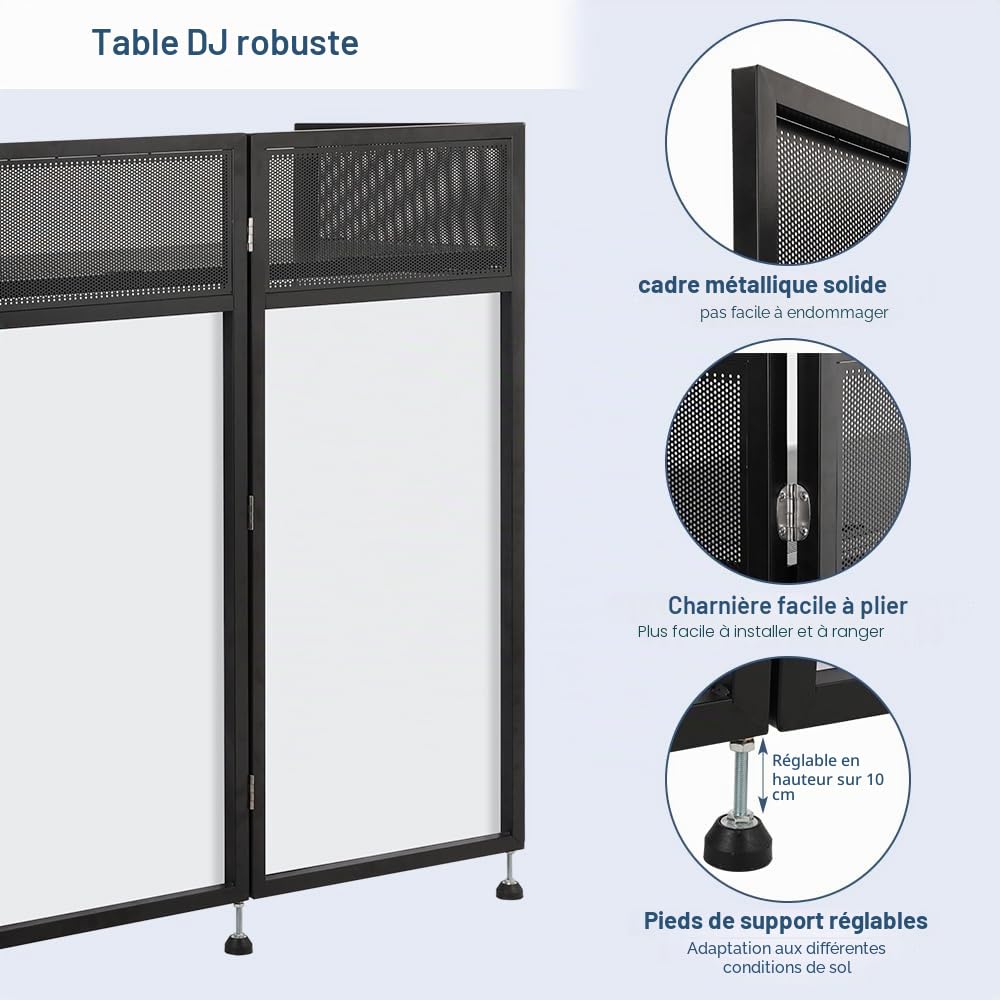 SMONTER table de DJ pliable mobile et dépliable, console de DJ avec revêtement noir et blanc, support de DJ réglable en hauteur et cabine de DJ (105 cm L x 51 cm P x 117 cm H), équipement DJ pour les