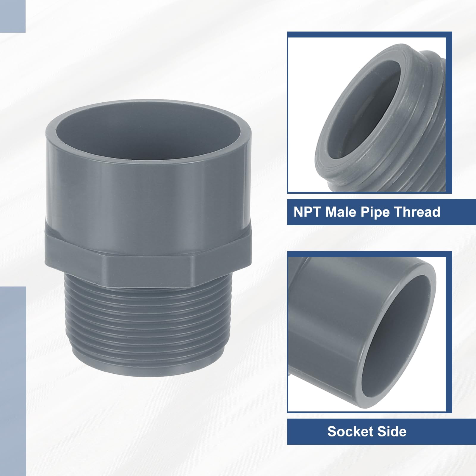 QUARKZMAN Adattatore Maschio in PVC per Tubi, 5Pz Connettori a 2 Vie per Tubi in PVC da 1-1/2" con Nastro Sigillante (Presa x Filettatura Maschio), Accoppiatore Adattatore (Grigio)