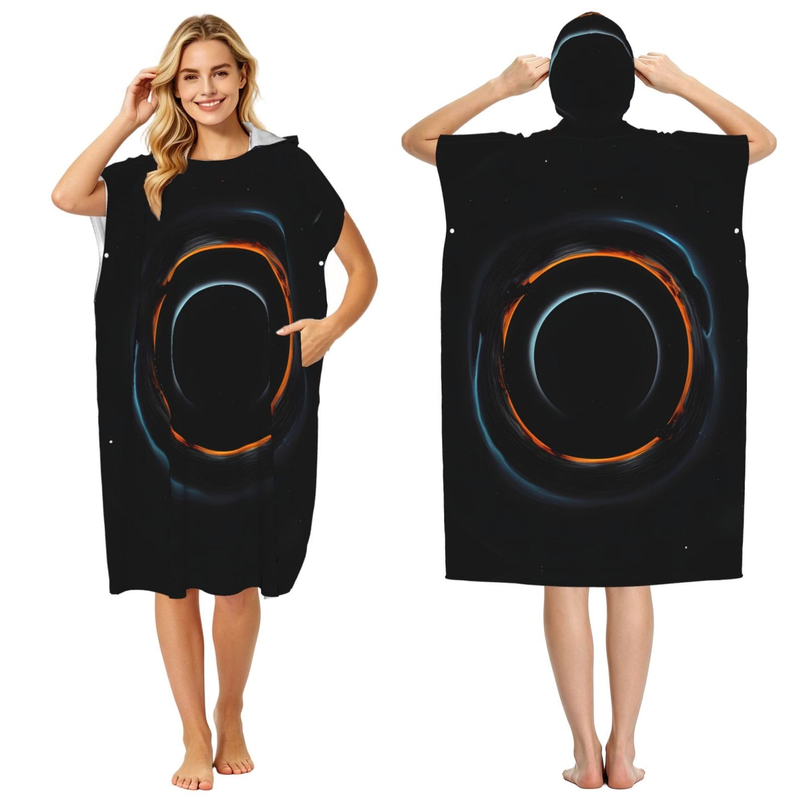Zaixiansj 110cm Cosmic Black Holes Print Adult Changing Robe Hooded Towel Poncho Surf Swim Beach Cover Up with Pockets