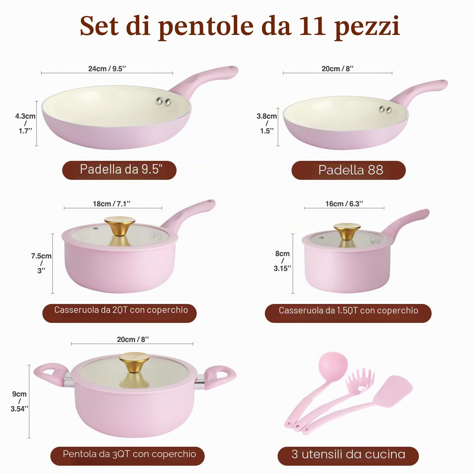 M MELENTA Set di pentole e padelle antiaderenti, 11 pezzi in ceramica rosa | Set da cucina antiaderente, pentole a induzione, set di pentole antiaderenti per principianti, senza PTFE, PFOA e PFAS