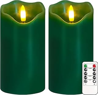 VEEKI Flameless Candles Light, Set of 2 6"x3" Flickering Christmas Flameless Candles with Remote & Timer, Dimmable Real Wax Pillar Candles Battery Operated, Green Candles for Home Xmas Decor (Green)