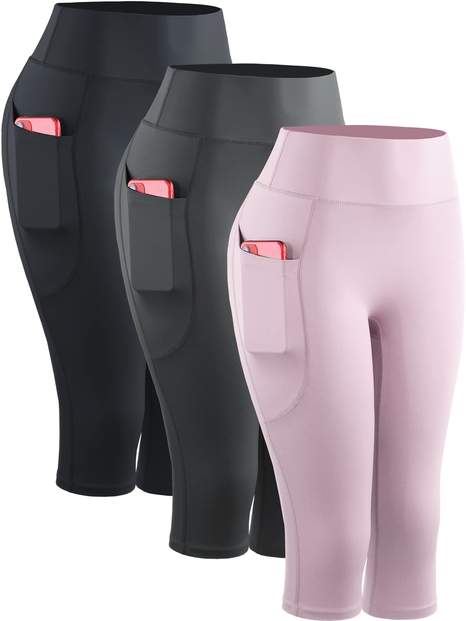 CADMUS Womens High Waist Workout Legging Capris for Yoga w Side Pockets