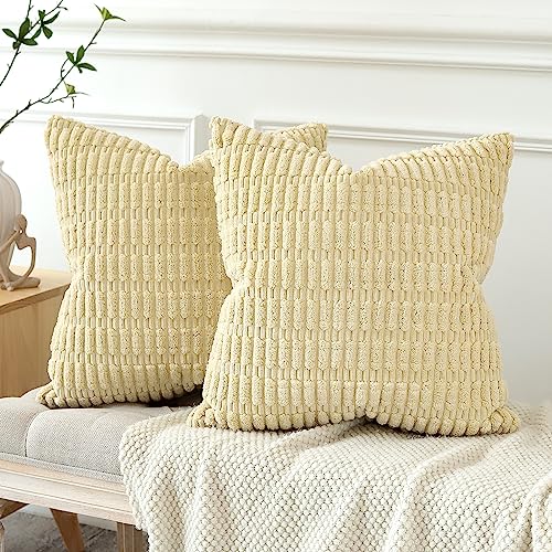 JOTOM Set of 2 Corduroy Soft Striped Cushion Covers 45x45 cm Decorative Throw Pillow Covers Square Cushion Case Home Boho Decor Pillow Cases for Couch Sofa Bedroom 18x18 Inch (Tan) - Image 4