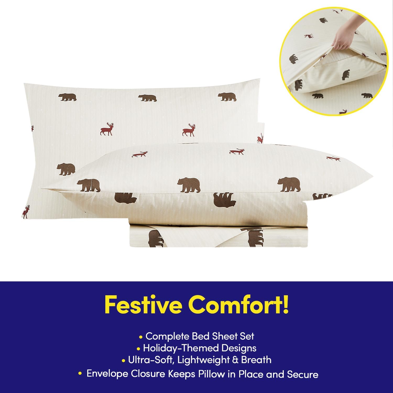 Christmas Sheets King Size with Built‑in Sheet Straps – Cozy Christmas Bedding for Holiday Cheer & Winter Dreams – Soft, Snug Sleep for Seasonal Celebrations, Polar Bear & Reindeer