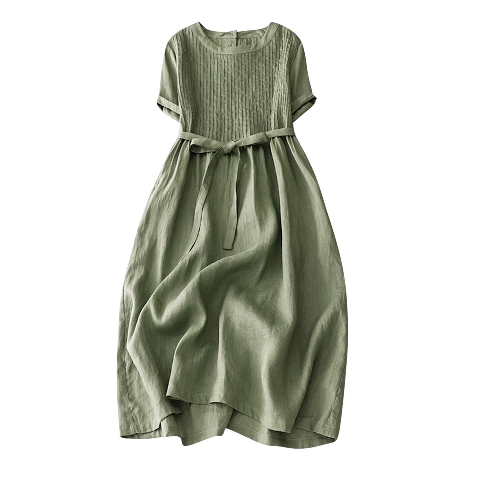 Cotton Linen Midi Dress for Women Summer Casual Dresses Vintage Scoop Neck Short Sleeve Pleated Beach Dress with Belt