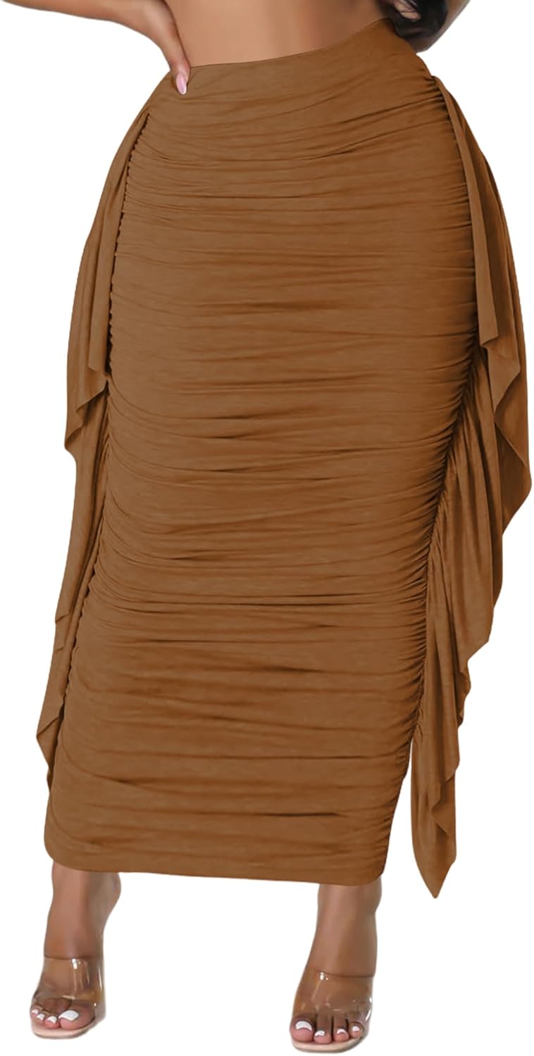 Lrady Women High Waist Ruched Bodycon Side Ruffle Tassles Fringe Pencil Casual Party Maxi Long Skirt