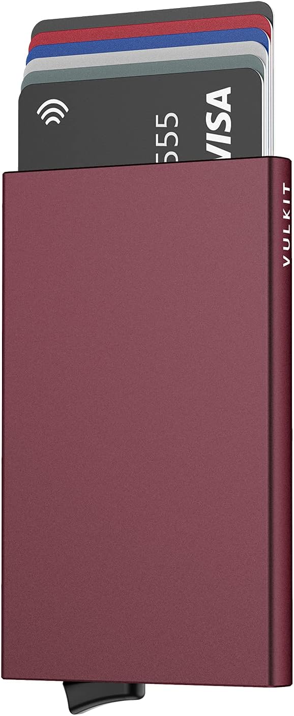 VULKIT Alpha Tarjeteros para Tarjetas Bloqueo de RFID Pop up Automatico Cartera Tarjetero de Aluminio Hombre o Mujer para 5 Tarjetas Vino