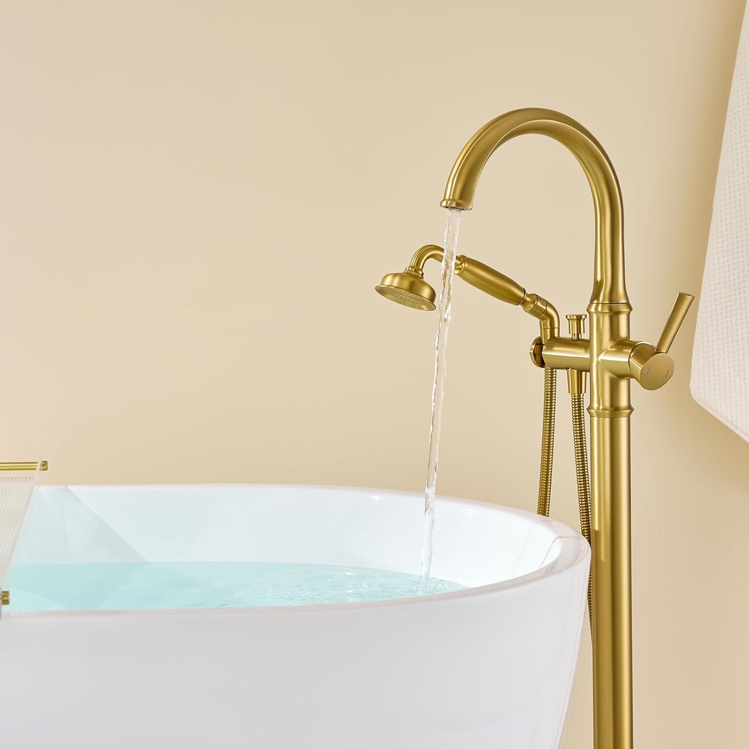 Free Standing Tub Faucet Brushed Gold Tub Filler Freestanding Bathtub Faucets Brass Tub Faucet with Hand Shower