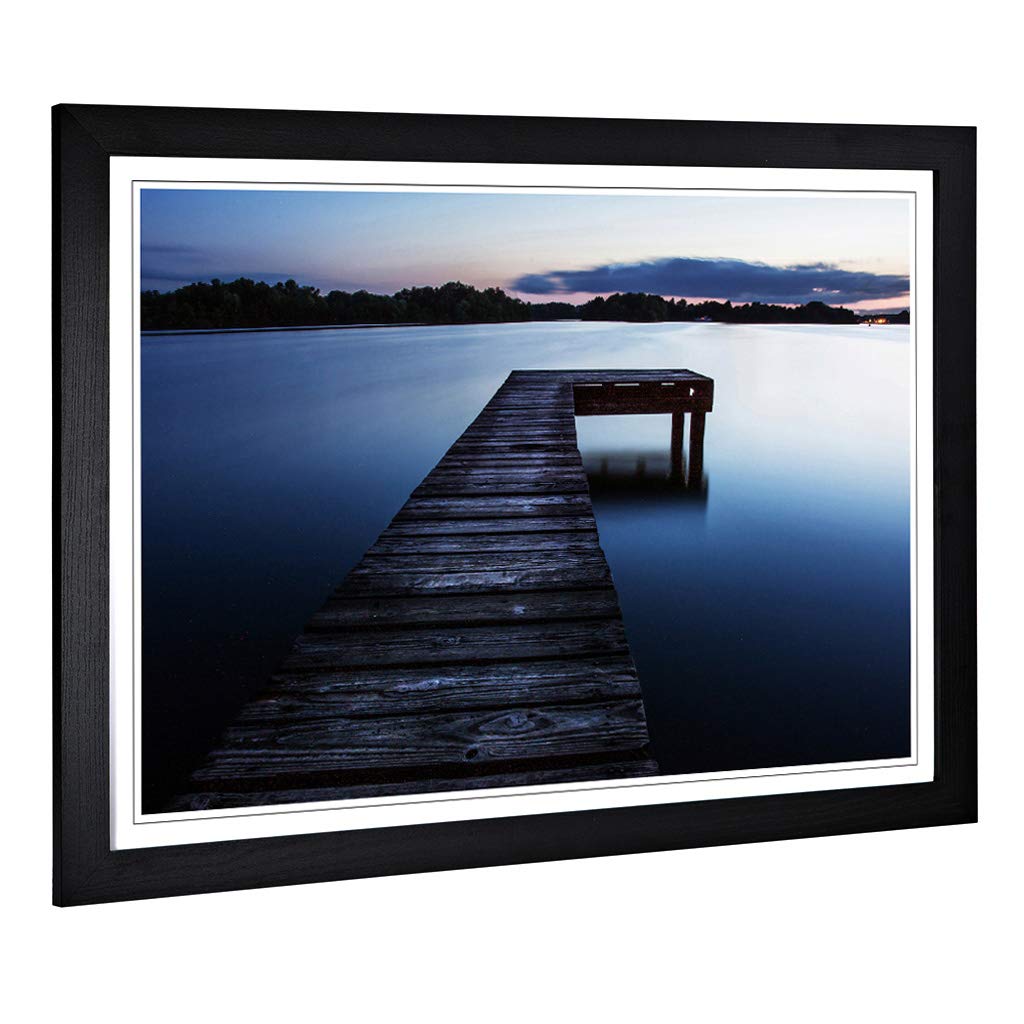 Big Box Art Framed Print of Pier Jetty Lake & Mlountains (6) Design | Wall Art Picture | Home Decor for Kitchen, Living Room, Bedroom, Hallway, Black, A2 / 24.5x18 Inch / 62x45cm