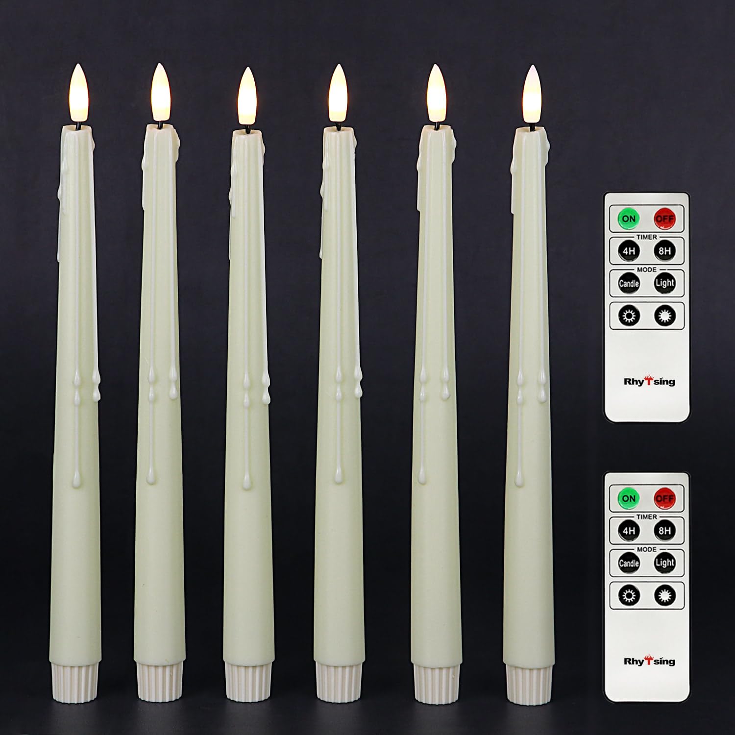 Rhytsing Wax Dripping Natural White Flameless Taper Candles With Timer Function, Battery Operated Dinner Long Candlestick Wax Drip Design, Warm White Led, 2 Remotes Included - Set Of 6 - 29Cm