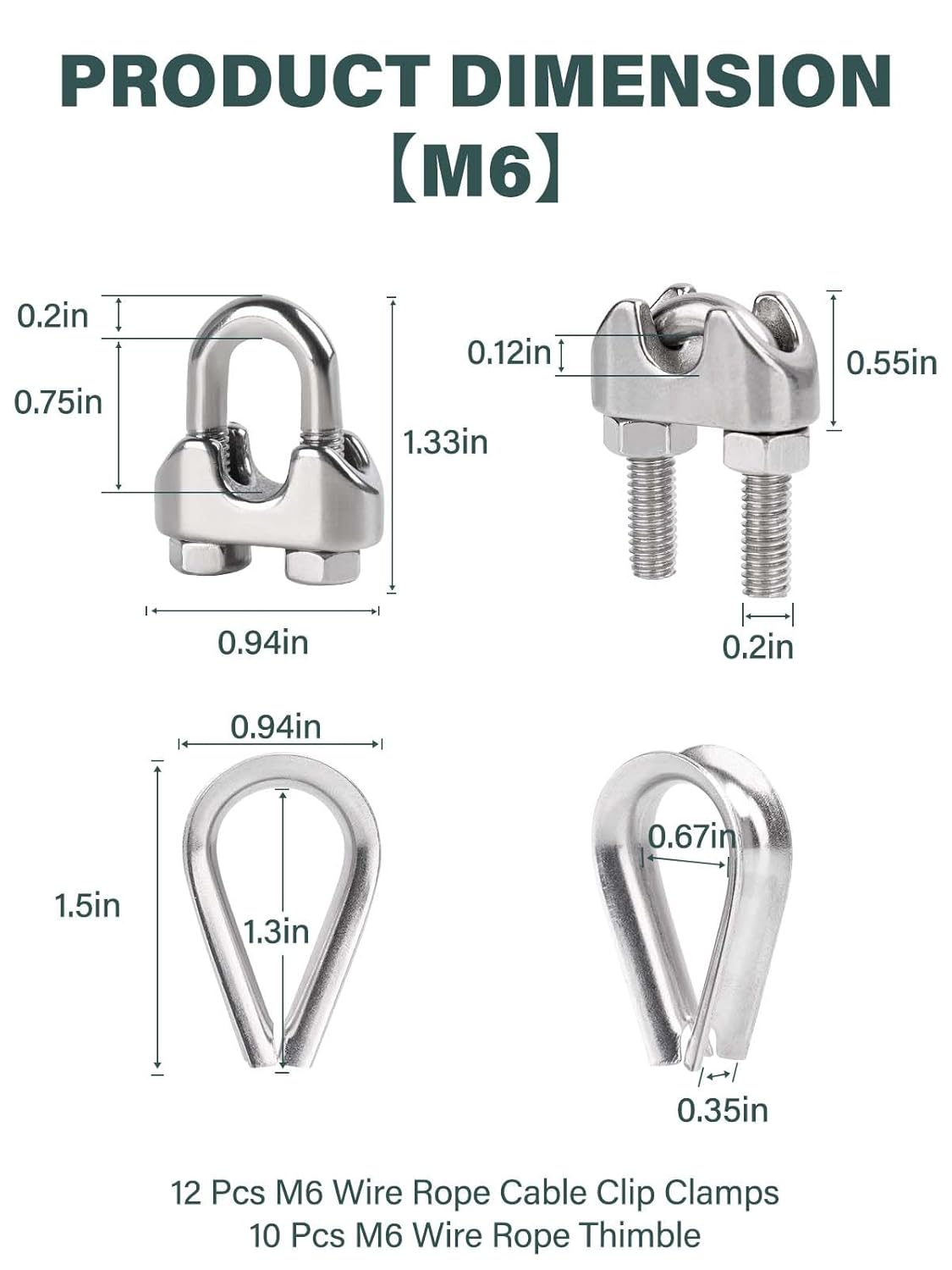 12Pcs 1/4" M6 Wire Rope Clamps 10 Pcs M6 Wire Rope Thimble, 304 Stainless Steel Cable Clamps Kit for 1/4 inch Steel Cable Thimbles Rigging - Image 2
