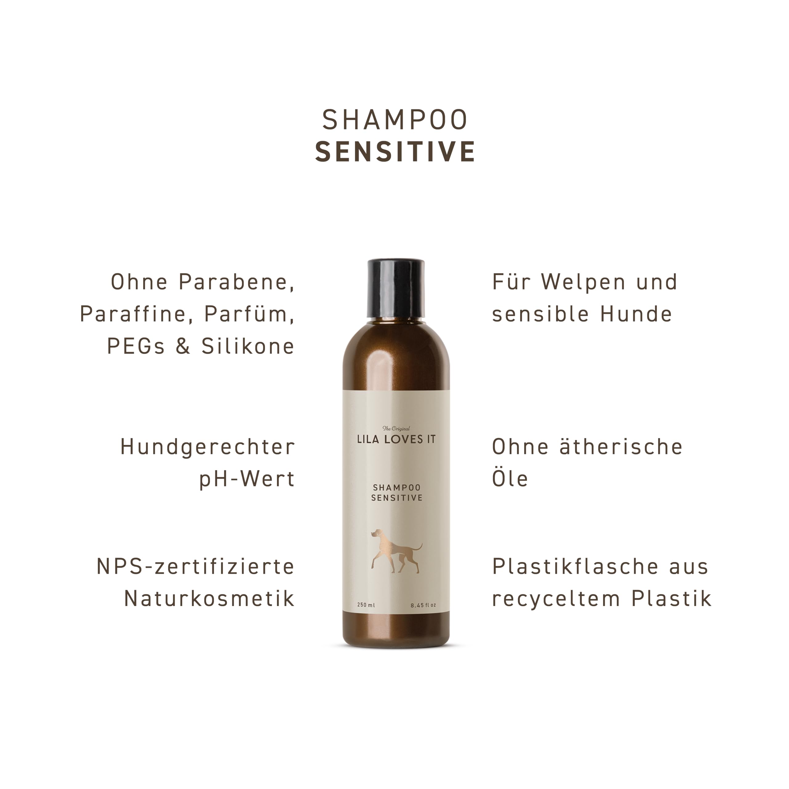 LILA LOVES IT Shampoo Sensitive für Hunde – Hundeshampoo mit Aloe Vera, Mandelöl, Ringelblume und Kamille, spendet Feuchtigkeit, wirkt beruhigend und rückfettend, 250 ml